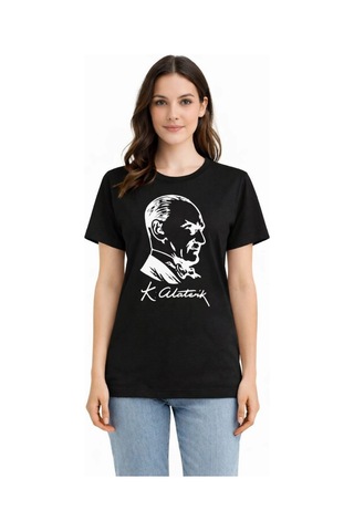 Wear Vexel Kadın Atatürk Baskılı Tişört Kısa Kollu Bisiklet Yaka T-shirt - Siyah Siyah