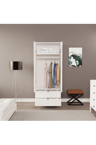 Moderno Mini 2 Kapaklı 2 Çekmeceli Gardırop Kompakt Tasarım, Modern Görünüm Beyaz