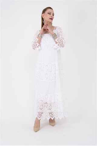 Eren Style İtalyan Sunshine İpek Detaylı Dantelli Elbise-9033 Beyaz
