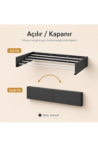 Çamaşır Kurutma Askılığı Katlanır Duvara Monte Balkon Banyo Askılık Duvar Tipi Yer Tasarruflu Çamaşırlık 70 Cm Belize Antrasit