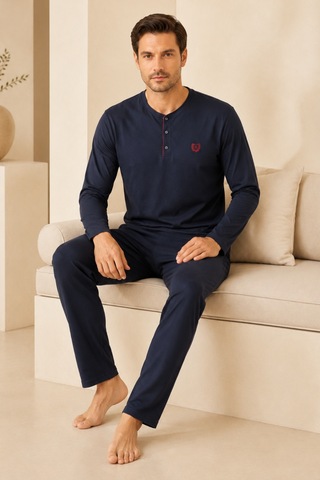 Loule Erkek Lacivert %100 Pamuk Penye Uzun Kollu Pijama Takımı