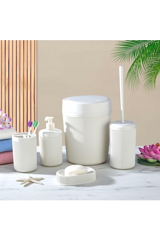 5 Parça Lüx Plastik Banyo Seti - Çöp Kovalı, Diş Fırçalıklı, Sıvı Ve Katı Sabunluk Antibakteriyel Fırça - Krem- 000 Açık Krem