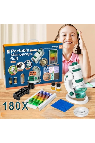Triline Mikroskop Deney Seti 180x Portatif Led Işıklı Eğitici Öğretici 21 Parça Mobil Mini Taşınabilir