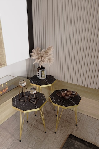 3'lü Sekizgen Zigon Sehpa Ve Dikdörtgen Orta Sehpa Takımı Modern Gold Metal Ayaklı Salon Sehpa Seti Siyah