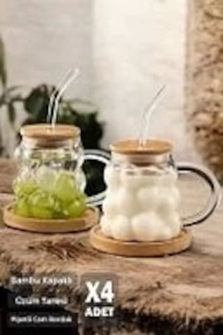 4'lü Bambu Kapaklı Boncuk Üzüm Tanesi Bardak 350ml Isıya Dayanıklı Cam Pipetli Kahve Sunum Bej