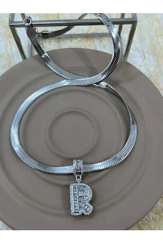 Premium Gümüş Renk Şık Ve Parlak Taşlı 316l Çelik Silver R Harf Kolye 45cm
