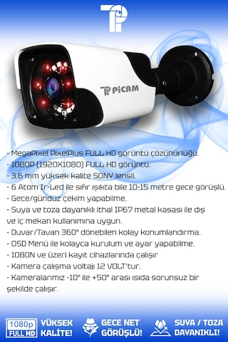 Picam 16 Kameralı Panda 16 Dış Kamera Set HDD'siz Full HD Gece Görüşlü Güvenlik Kamerası Sistemi