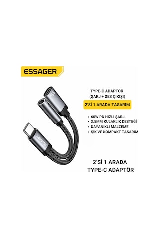 Essager 2in1 Type-c Adaptör 60w Hızlı Şarj + 3.5mm Kulaklık Çıkışı, Hifi Ses Ve Hızlı Şarj Adaptörü Gri