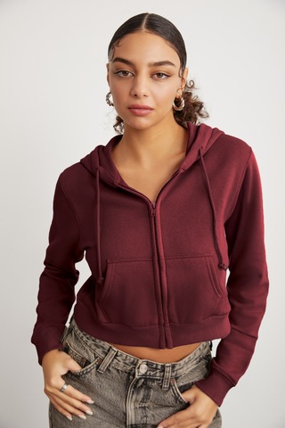 Grimelange Delıa Kadın Crop İçi Polarlı Fermuarlı Organik Pamuklu Kapüsonlu Kordonlu Bordo Sweatshirt Bordo