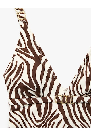 Koton V Yaka Metal Aksesuarlı Zebra Desenli Mayo Kahverengi Desenli 6sak20125mm