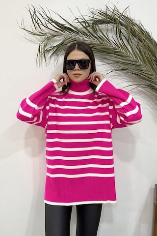 Kadın Uzun Kollu Balıkçı Yaka İspanyol Kol Triko Bluz Pembe