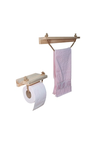 Doğal Ahşap Banyo Havluluk Tuvalet Kağıtlığı Havlupan Jüt İpli Ahşap