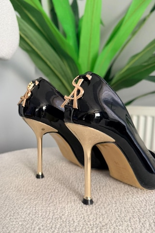 Asmi Shoes Kadın Alexa Arka Toka Detayı 10 Cm İnce Topuklu Ayakkabı&stiletto Siyah Rugan Siyah