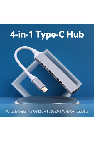 Xindoker Alüminyum 4-port Usb Hub - Type-c'den 1 Usb 3.0 + 3 Usb 2.0'a Çevirici, Veri Transferi Ve Cihaz Genişletici, Gümüş