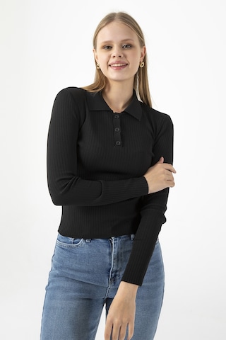 Giysa Kadın Polo Yaka Düğme Detaylı Fitilli Triko Body Siyah - 25k 2057 Siyah
