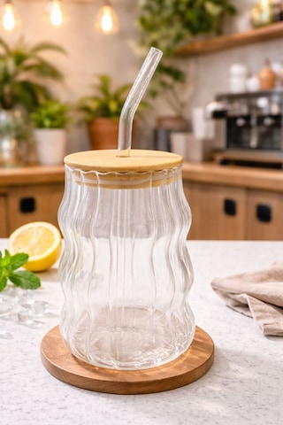 Linea Wave Bambu Kapaklı Cam Pipetli Bardak 450 Ml Dalga Desenli Şeffaf