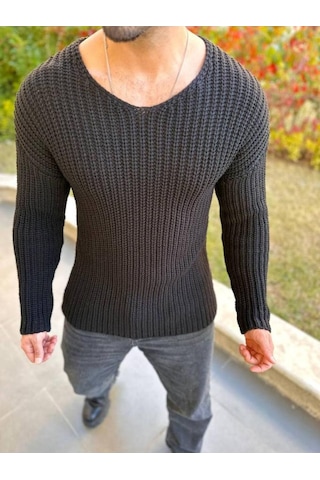 Elku Moda Kazak Oversize Triko Bol Kesim V Geniş Yaha Salaş Pamuklu Kazak Ekru