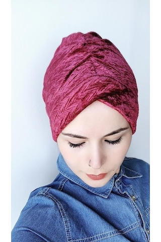 Kadın Tesettür Kadife Fiyonklu Bone Bordo