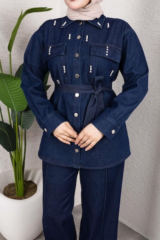 Misskayle Taş Detaylı Kuşaklı Denim Tesettür Takım Koyu Mavi Koyu