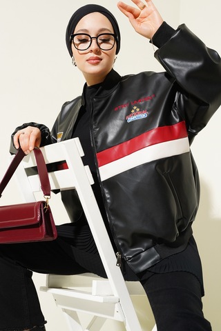 Bigdart T0698 Baskılı Suni Deri Bomber Ceket - Siyah