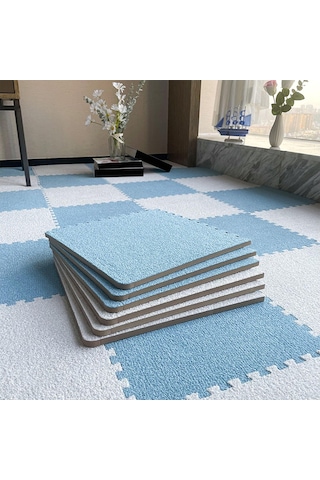 12 Kısa Peluş Köpük Bulmaca Alan Halı, 30 Cm 12x12in , Oyun, Dekor Ve Güvenlik İçin Birbirine Geçen Paspaslar Mavi+beyaz