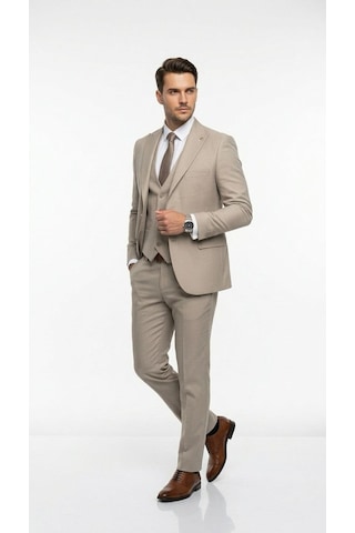 Erkek Slim Fit Takım Elbise Yelekli Modern Kesim Likralı Esnek Kumaş Kırışmaz Şık Düğün Davet Takımı Bej