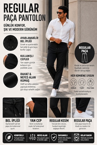 Luxıc Core Erkek Pamuklu Bağcıklı Pantolon Rahat Kalıp Günlük Casual Yazlık 2026 Yaz Koleksiyonu Siyah