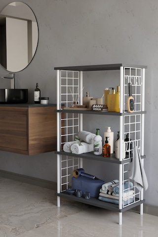 4 Katlı Çevir Kur Beyaz Metal Telli Banyo Rafı Çok Amaçlı Düzenleyici, Organizer Stand Banyo Dolabı Antrasit