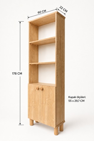 2 Kapaklı Kitaplık, Raflı, Şık Tasarım Açık Kahverengi