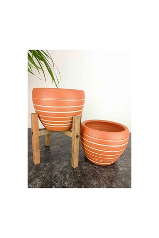 Bitki Tasarımı Doğal Beyaz Yan Çizgi Desen Terrakota Toprak Saksı İkili Set 4 Ayaklı-ayaksız 15 Cm
