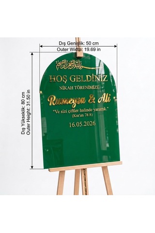 Zümrüt Yeşil Akrilik Düğün Karşılama Panosu 50x80 Cm Gold Yazılı Nikah Tabelası Büyük Boy