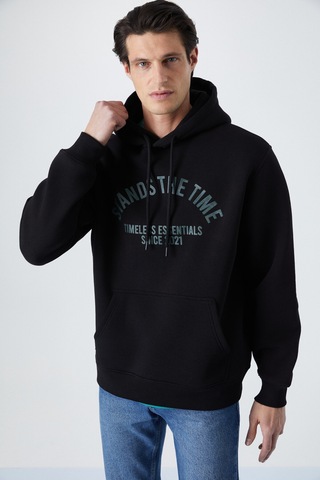 Grımelange Wulf Erkek Organik Kumaşlı İçi Polarlı Yumuşacık Kanguru Cepli Kapüşonlu Siyah Sweatshirt Siyah
