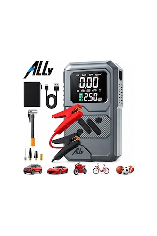 4 İn1 Jump Starter Lastik Sisirme Pompası Ve Powerbank Özellikli Starter Akü Takviye Seti, Sıyah