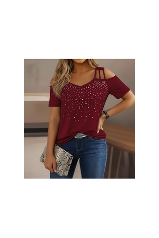 Butik İstanbul Kadın Kısa Kollu Omuzlardan Açık Taşlı Viskon Bluz Bordo