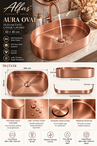 Alfas Aura Oval 60 Cm Pvd Rose Gold Tezgah Üstü Çanak Lavabo 304 Paslanmaz Çelik 2.0mm