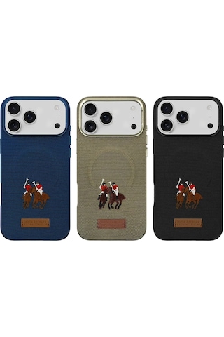 Santa Barbara Polo Racquet Club Apple Uyumlu iPhone 17 Pro Max İçin Kılıf Yolanda Manyetik Şarja İşlemeli Dokuma Görünümlü Kapak Siyah