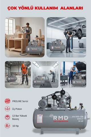 R.m.d Kompresör Pistonlu Hava Kompresörü 600 Lt 3 Kafa 12 Bar 10 Hp I Pa600ı12b