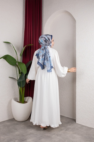 Hira Life Fashion Kadın Çilek Kumaş Ve Önü Düğmeli Eteği Fırfırlı Hakim Yaka Elbise Beyaz Beyaz