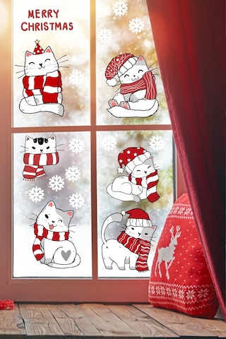 Sevimli Noel Kedileri Ve Kar Taneleri Yılbaşı Pencere Duvar Sticker Seti