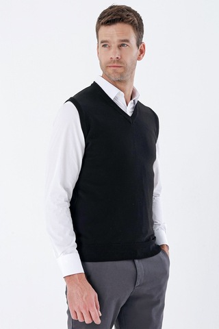 İmza V Yaka Cepsiz Slim Fit Classic Yünlü Triko Süeter 1012255003 Siyah