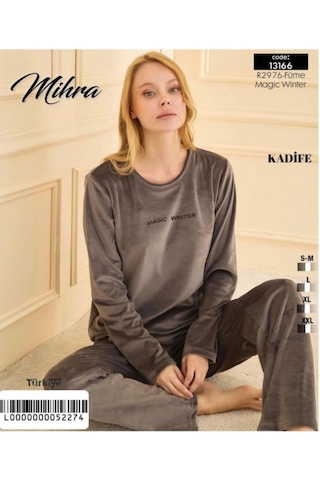 Mihra Kadın Kışlık Bisiklet Yaka Kadife Pijama Takımı 13166fü - 1 Adet Füme
