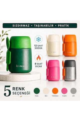 500 Ml Yemek Termosu, 304 Çelik, Sporklu Ve Geniş Ağızlı Krem