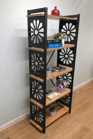 Desenli, Lazer Kesim, Metal, 5'li Raf,çiçeklik,kitaplık, Dolap Ceviz