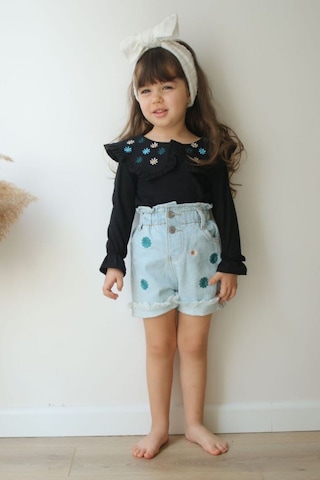 Kız Çocuk Papatya Nakış Kot Şort Bady Tarz Takım 001
