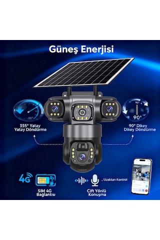 9mp Üçlü Lens, Güneş Enerjili Ptz Güvenlik Kamerası. Sım Kart İle Her Yerden 7/24 İzleme, İki Yönlü Ses Ve Gece Görüşü.