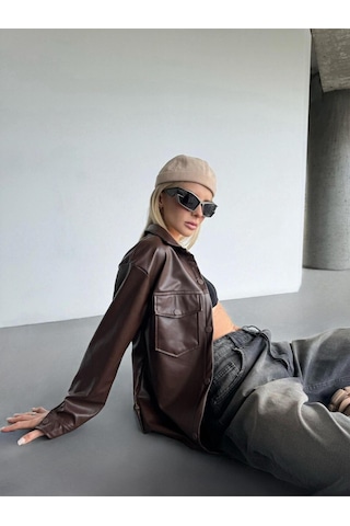Kadın Koyu Kahve Oversize Düz Kesim Deri Ceket Koyu Kahve