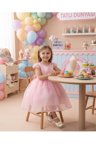 Ayışığı Kız Çocuk Taş Yaka Detaylı Şifon Abiye Elbise Pembe 2-6 Yaş Pembe