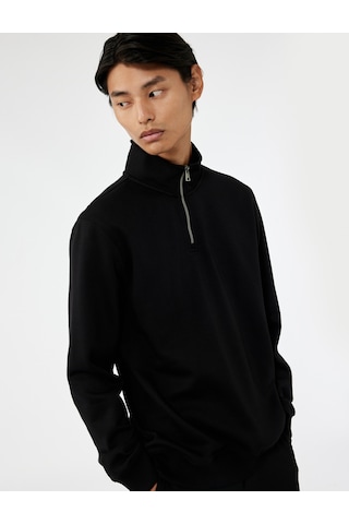 Koton Uzun Kollu Şardonlu Basic Yarım Fermuarlı Sweatshirt Siyah 6wam70016mk Siyah