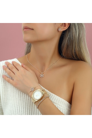 Altın Kaplama Kar Tanesi Kolye Küpe Bileklik Saat Seti Se Altın