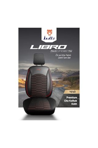 Siyah - Kırmızı Butti Libro Serisi Keten Kumaş Premium Oto Koltuk Kılıfı Destekli, Ön Arka Tam Set